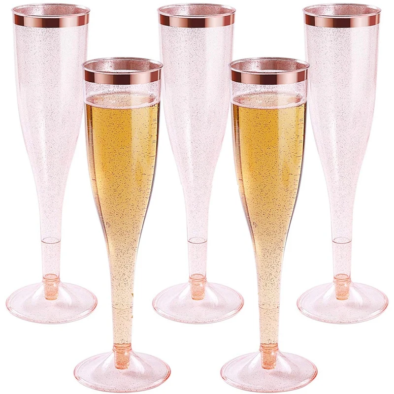 Plastic Champagne Flutes With Rose Gold Glitter And Rose Gold Rim Reusable Disposable Mimosa Glasses For Party