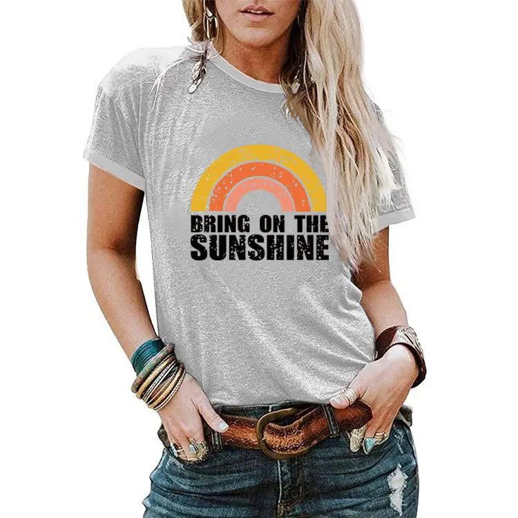 Summer Fashion Round Neck Contrast T-shirt BRING ON THE SUNSHINE Printed Casual Short sleeved Top