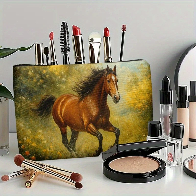 Running Horse in Flower Field, Lightweight Zipper Design Toiletry Bag, Suitable for Travel and Daily Use Storage Bag