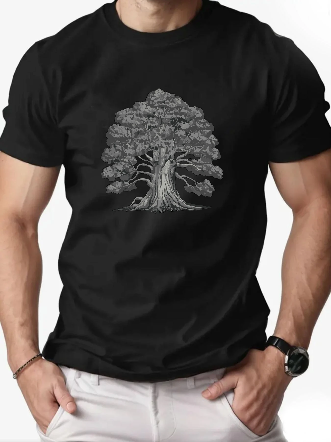 

Men's T-Shirt Tree Print 100% Cotton Round Neck Tee Fashion Casual Streetwear Breathable Sportswear High Quality Clothing