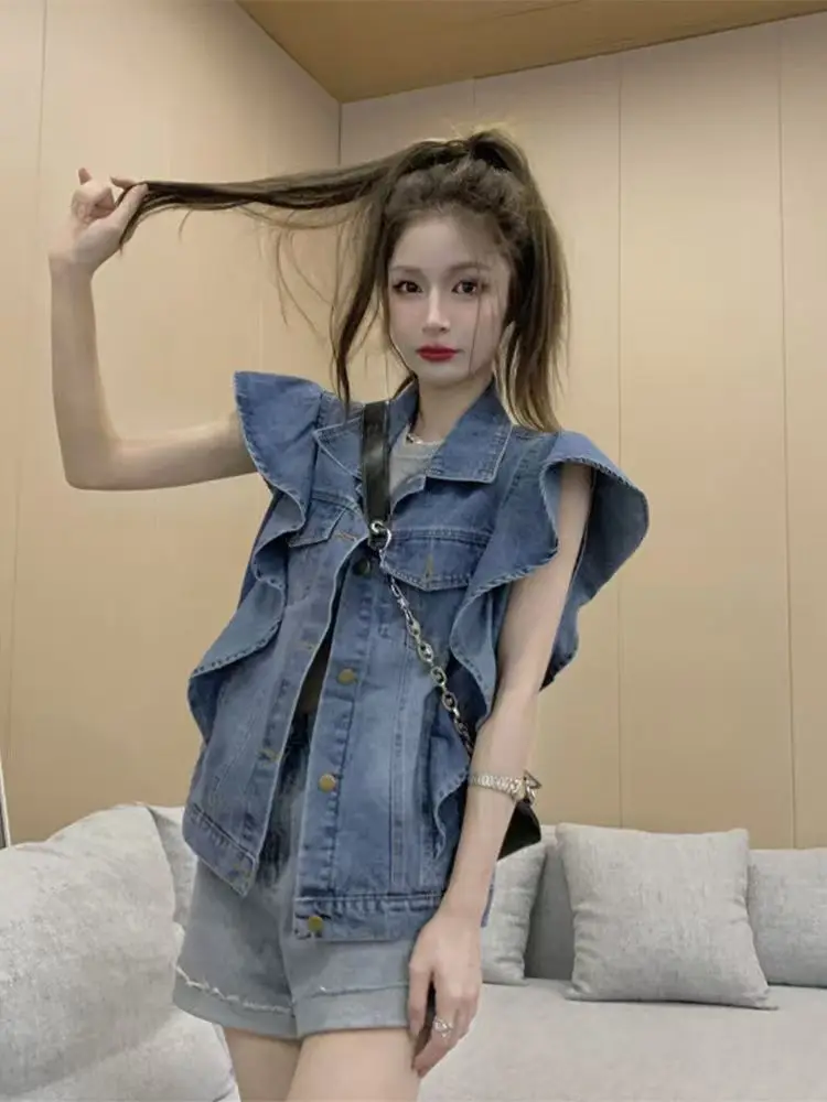Retro Fashion Loose Versatile Lapel Collar Buckle Denim Vest Women Top Waistcoat  Mujer Jackets For Female 2025 Autumn