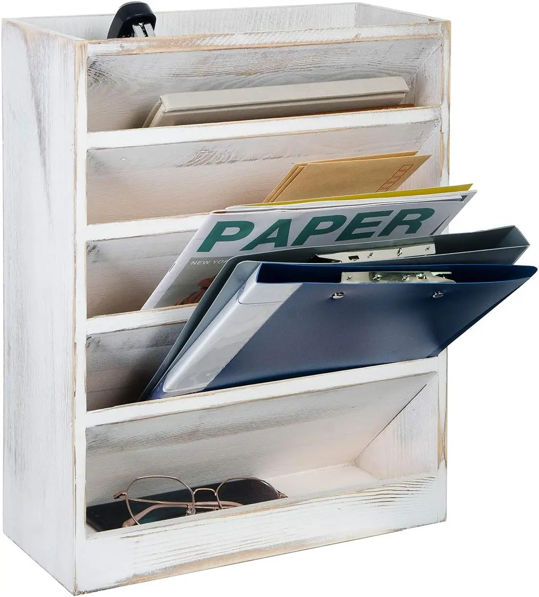 

Vintage Rustic Wooden 5 Slot Desk or Wall Mounted Hanging Document Organizer, Magazine Rack, Mail Holder Display Stand