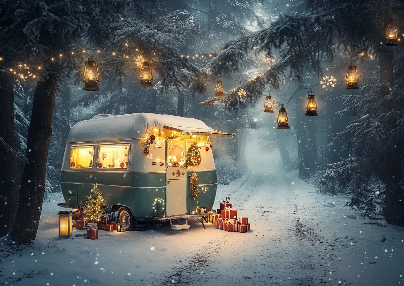 Winter Snowy Bus Christmas Background Photography Camping Forest Xmas Trees Kids Family Portrait Christmas Backdrop Photo Studio