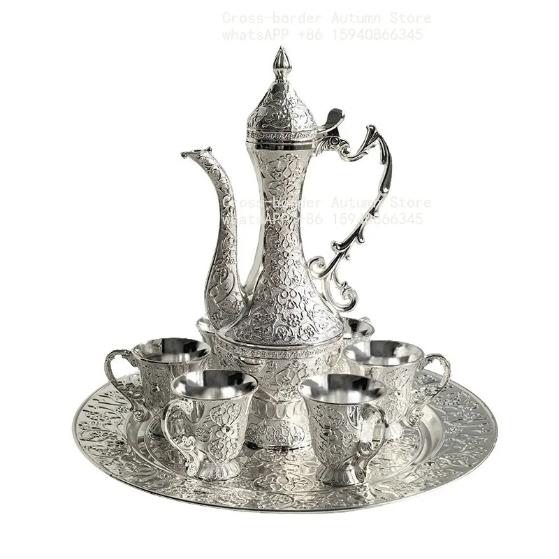 Light luxury silver six cups one pot set retro carved wine set wine cup household wine pot Baijiu cup