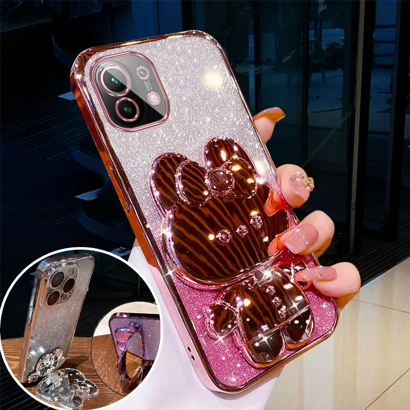 Mi11 Lite 5G Cover with Rabbit Bracket Case For Xiaomi Mi 11 Lite 5G NE 11T pro Luxury Case Mi11Lite Bling Glitter Mirror Holder