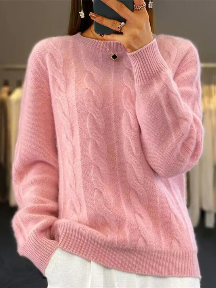 Elagant Women's Sweater Autumn Winter New Round Neck Solid Colour Knitwear Retro Twist Pullover Ladies Jumper Outerwears Sweater