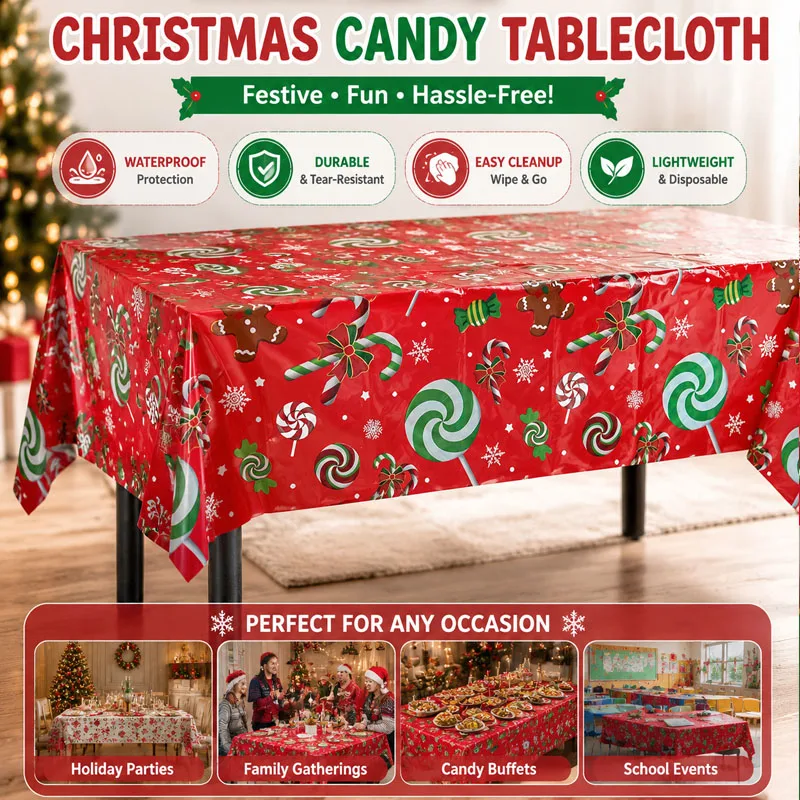 Waterproof Disposable Christmas Theme Tablecloth with Candy Pattern, Great for Holiday Party Background Decoration.