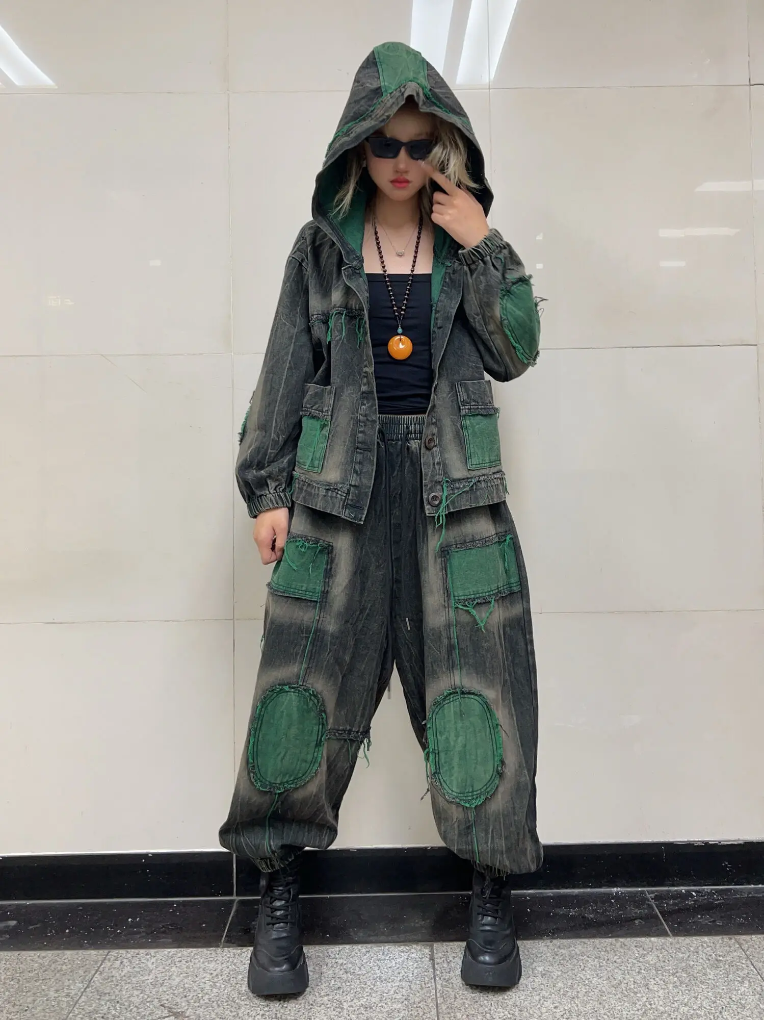 Personalized Trendy Vintage Denim Pant Set Women Contrasting Color Hooded Jacket + Harem Pants Two Piece Set Autumn ZF344