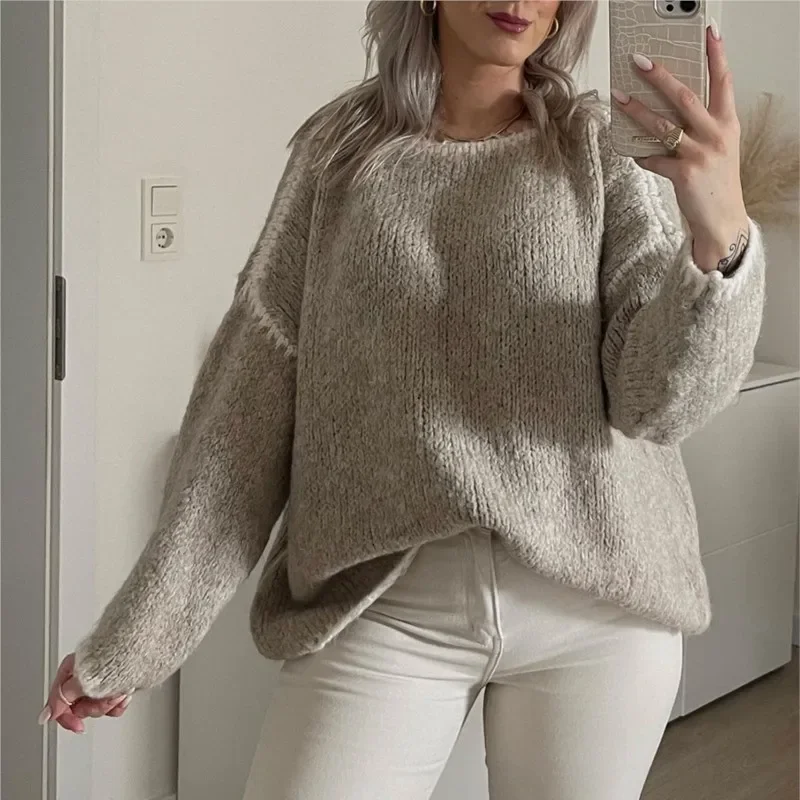 Commuter Fashion Nuovo maglione invernale Tinta unita Collo mezzo alto Pullover lavorato a maglia oversize Maglione spesso allentato per abiti da donna