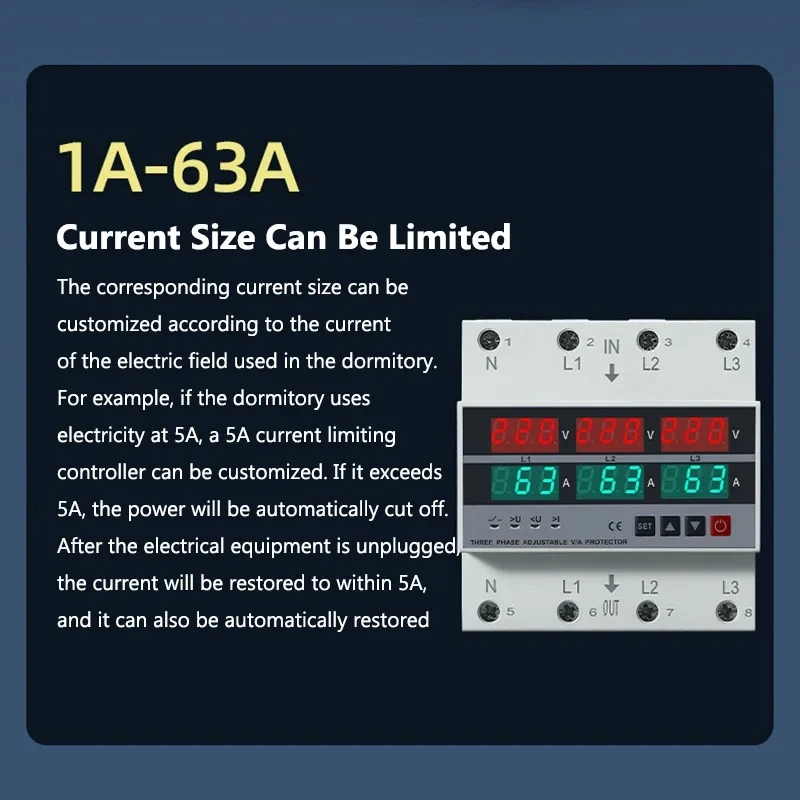 100A 63A 3 Phase Din Rail Phase Selector Adjustable Over and Under Voltage Current Protection Monitor Relays Protector