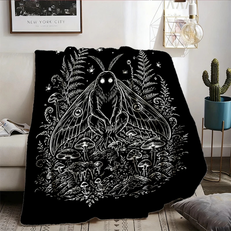Mothman Comfort Flannel Blanket, Vintage Cryptid Graphic Flannel Throw, Gothic Forest Moth Cozy Blanket