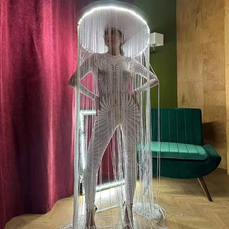 LED Luminous Hat Performance Costume Exaggerated Stage Wear with Fringe Large Hat Commercial Tour and Party Outfit Cool Veil Hat