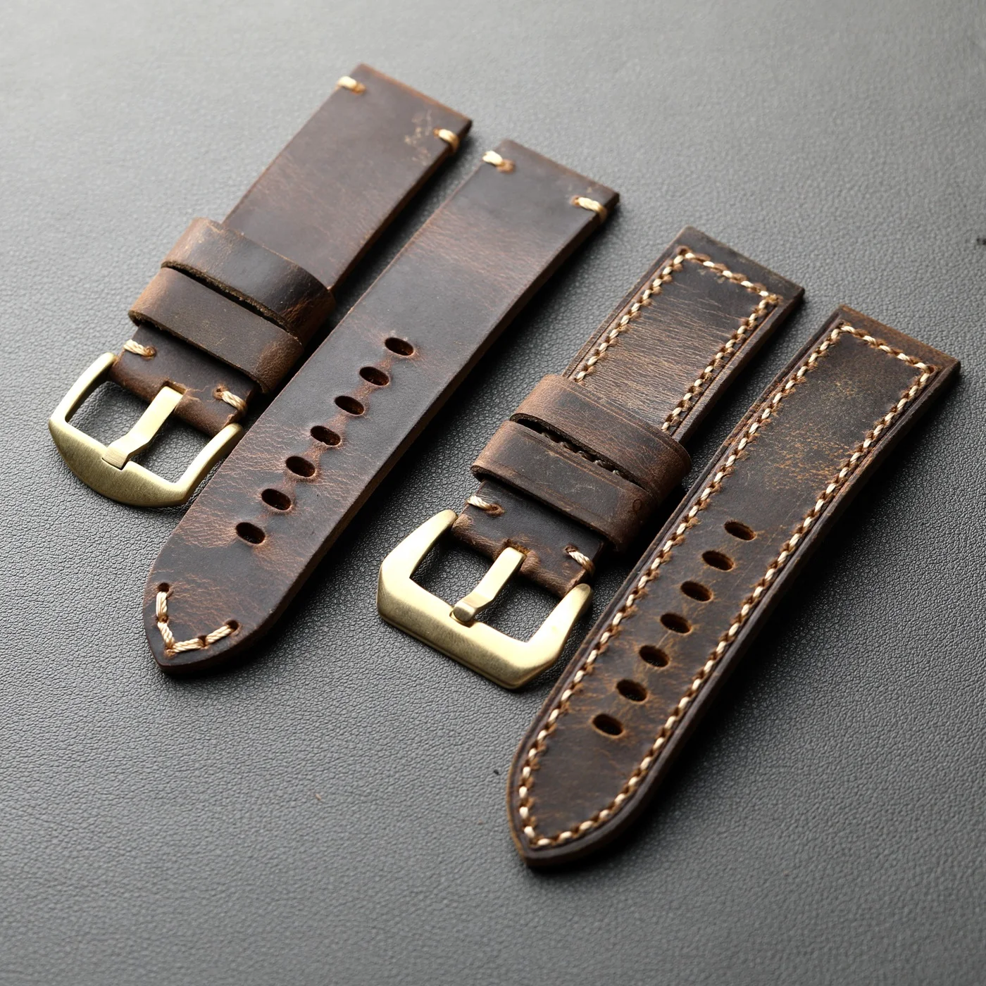 Handmade top layer cowhide strap, thickened 20MM 22MM 24MM 26MM folded cowhide, retro style, bronze clasp, brown men's style