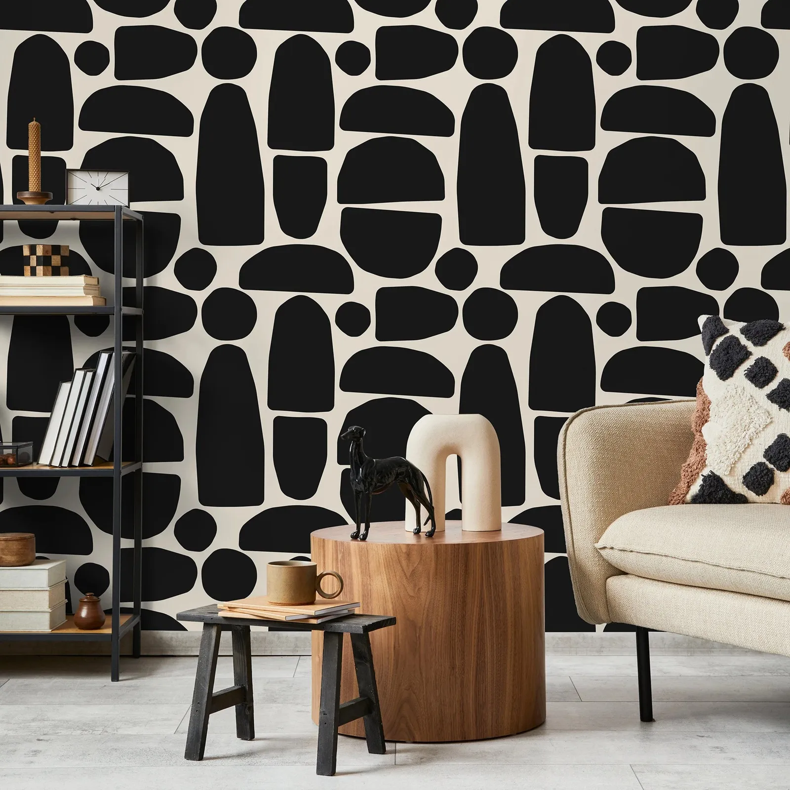 

Черно-бежевые абстрактные обои, самоклеящиеся или традиционные геометрические настенные панно для декора дома, настенное искусство.