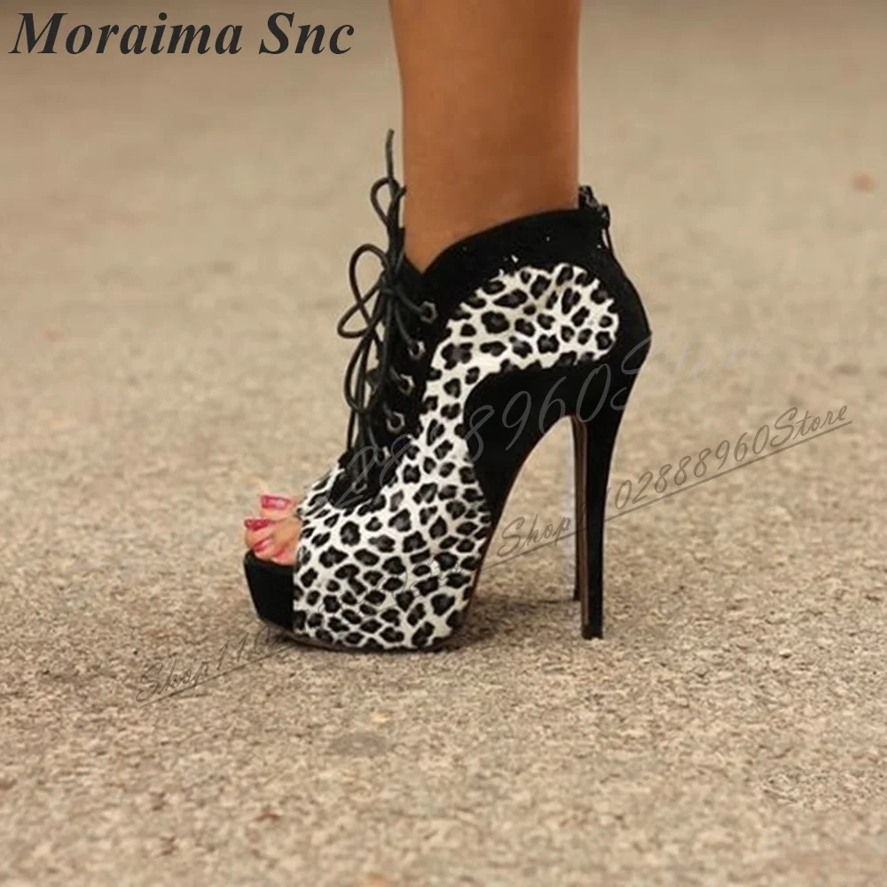 

Black Leopard Print Platform Cross Tied Pumps Thin High Heel Women Shoes Back Zipper Peep Toe 2024 Fashion Zapatos Para Mujere