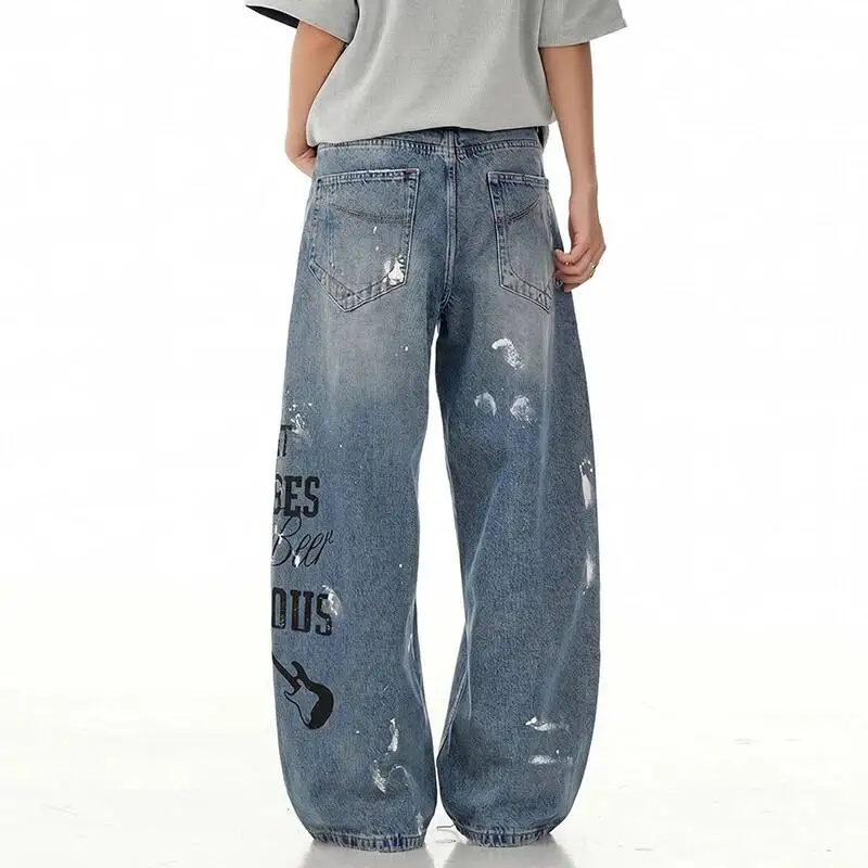 Blue Streetwear Vintage Men's Baggy Jeans American Casual Distressed Paint Splatter Print Fashion Denim Long Pants 7QIV