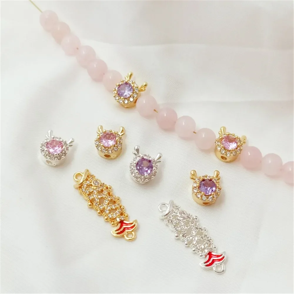 Silver 14K Gold-Plated Micro Paved Zircon Koi Pendant & Little Dragon Bead, Handmade DIY Bracelet Loose Bead Pendant