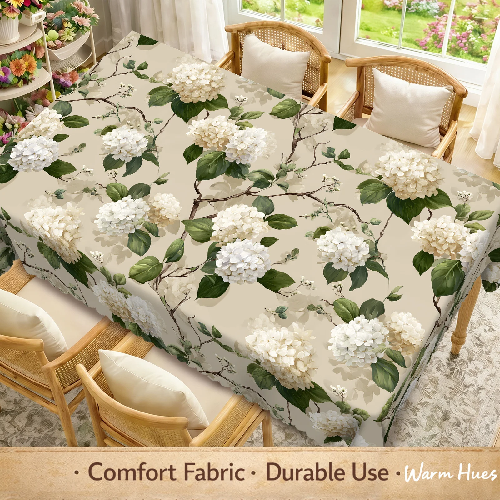 One piece, elegant floral tablecloth, with vintage hydrangea leaf and flower pattern, beige base color