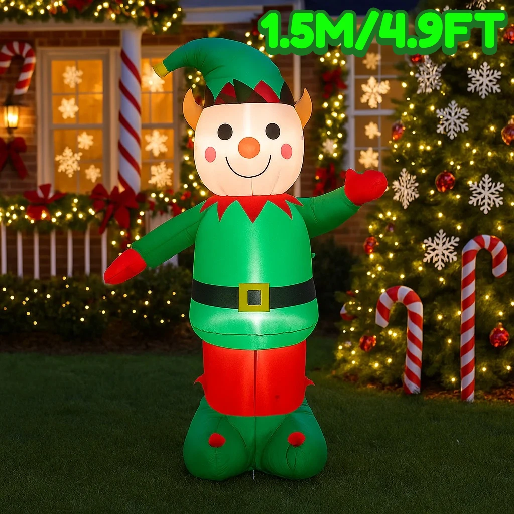 Decoración inflable de elfo de Navidad de 1,5 M/4,9 pies, luces LED, decoraciones para el hogar, juguetes, adornos navideños para patio, suministros de decoración navideña