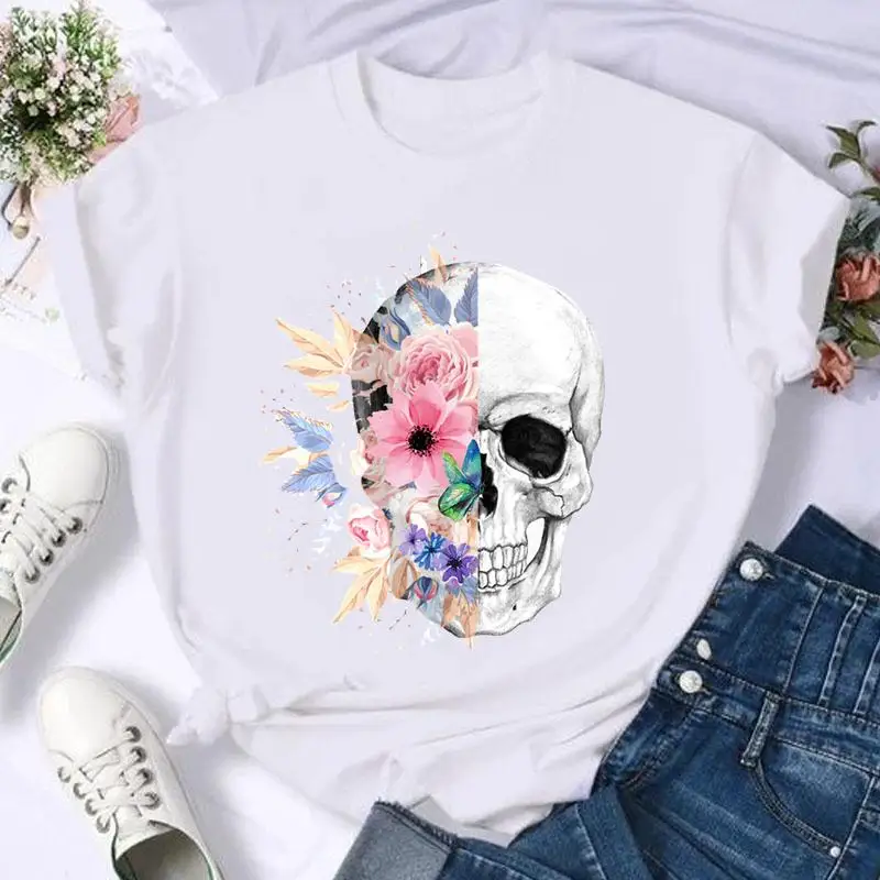 Short Sleeve Casual Top Print T Shirt Fashion Summer Women Butterfly Skull Funny 90s Female Tshirts Cartoon Graphic Tee T-Shirt