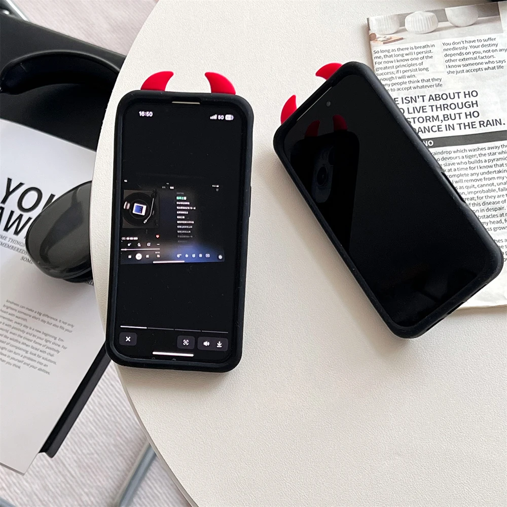 3D Teufel Hörner Fledermaus Weiche Silikon Ständer Halter Telefon Fall Für iPhone 16 Plus 17 15 14 13 12 Pro max Lustige Stoßfest Zurück Abdeckung – Detail 5