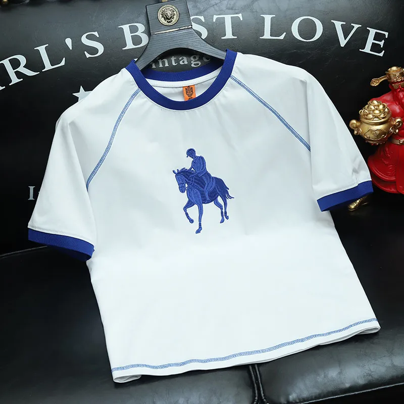 

High-End Men's ort Sve T-irt American Trendy Embroidery round Ne Summer Large Size Cotton Blend Fabric Casual Wear