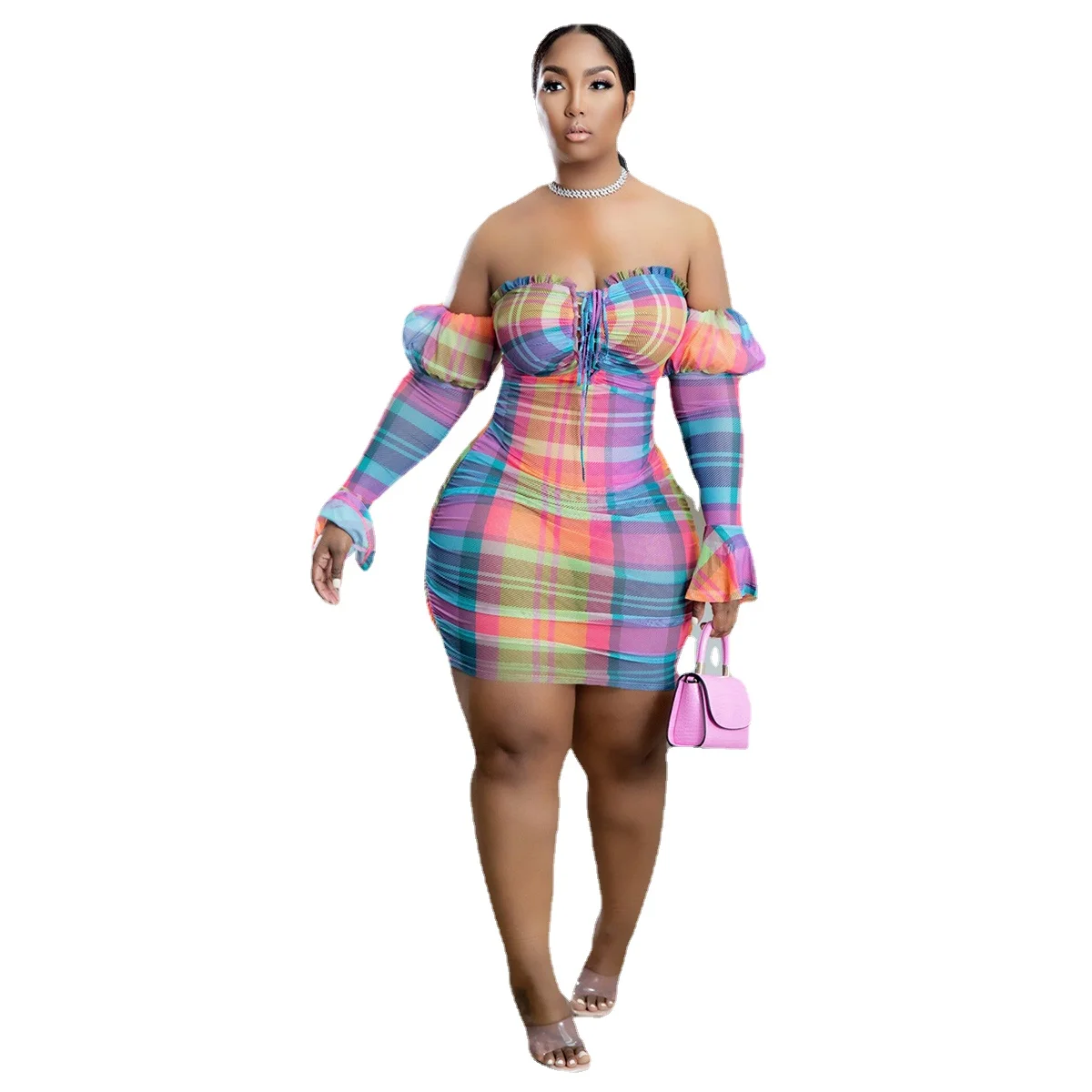 2022 Fashion Colorful Stripe Print Women Plus Size Dressess Sexy Bandage Chest Wrap Mini Dress Oversized Wholesale Dropshipping