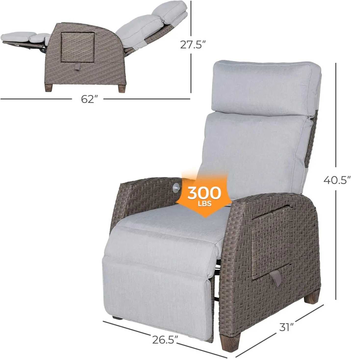 Indoor & Outdoor Recliner Chair Pe Wicker Patio Recliner With Flip Table Reclining Lounge Chair, Mist Grey