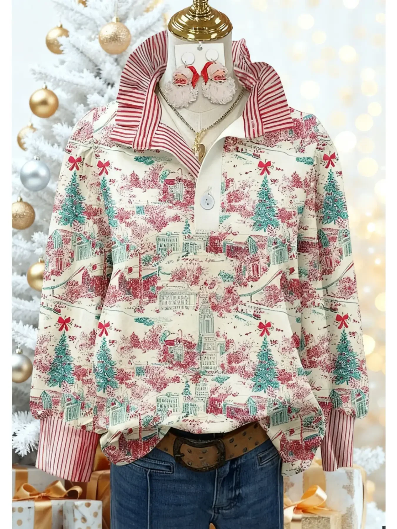 

Women's striped shirt with multi-color striped collar and Clothing suitable for travel photography