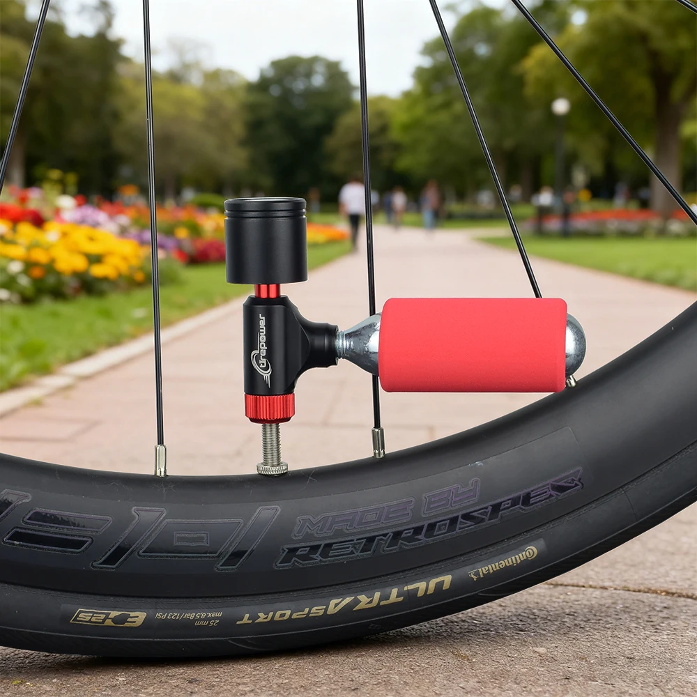 

Bike Tool CO2 Inflator Quick & Easy Presta & Schrader Valve Compatible Bicycle Tyre Pump Insulated Sleeve No Cartridges Included
