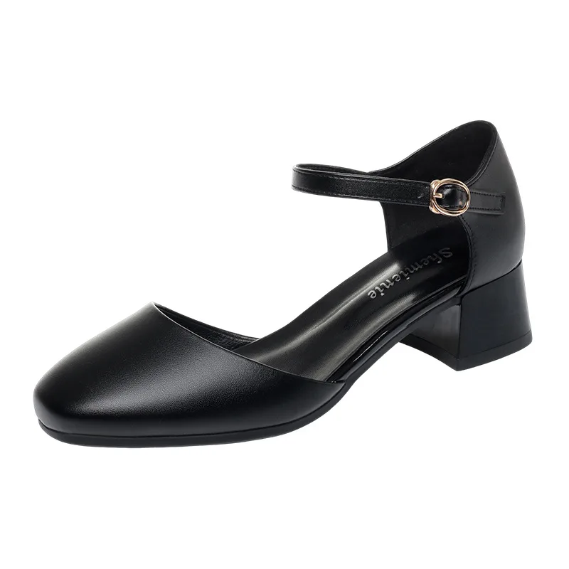 

4cm Comfortable Elegant Round Head Soft Leather Sandals Women Shoes 2026 Summer Ladies Med Block Heel Sandals for Office Mom