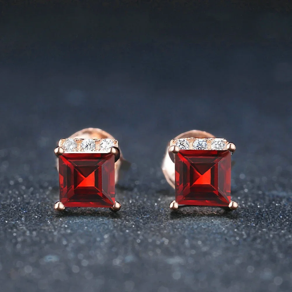 

Y2K New S925 Sterling Silver Light Luxury Fashion Elegant Ear Studs Garnet Exquisite Square Women's Earstuds Lady Girl Jewelry