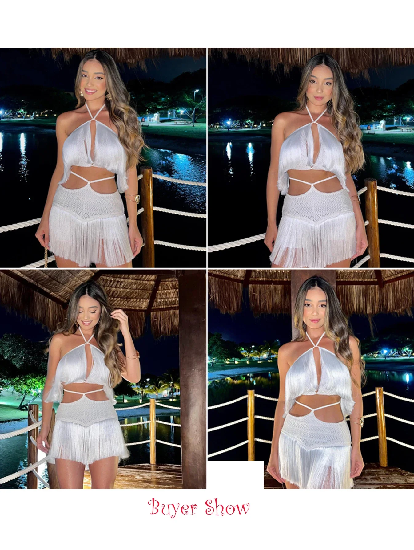 Sexy Tassel Two Piece Skirt Women Halter Lace Bra Tassel Mini Skirt Suit Beach Vacation Casual Female Bathing Suit Summer