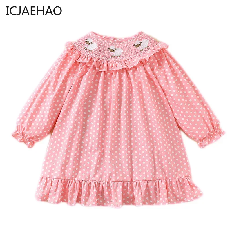 

2025 Print Smocked Dresses for Baby Girls Kids Children Clothes Dress Newborns Embroidered Birthday Party Costumes Spring