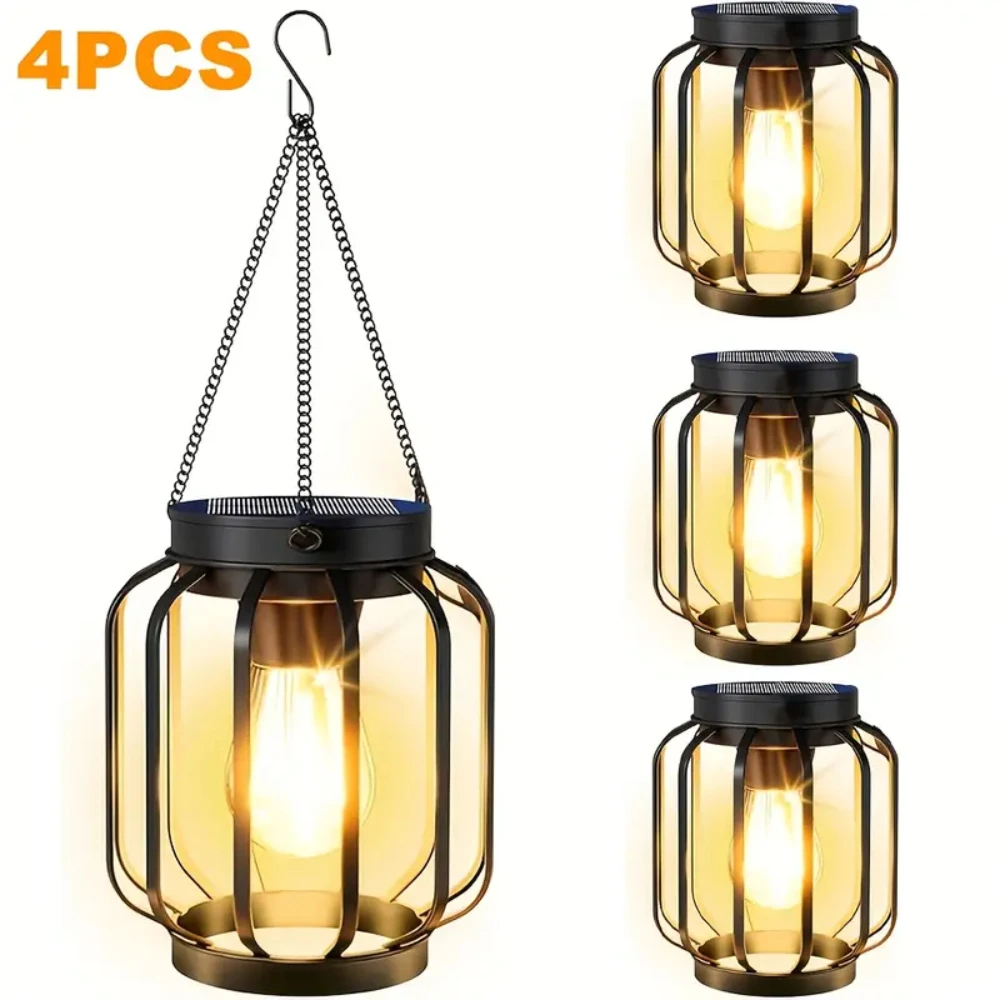 

4PCS Solar Hanging Lantern Warm White Outdoor Courtyard Lights Waterproof Solar Lights with Hooks for Garden Porch Balcony Decor