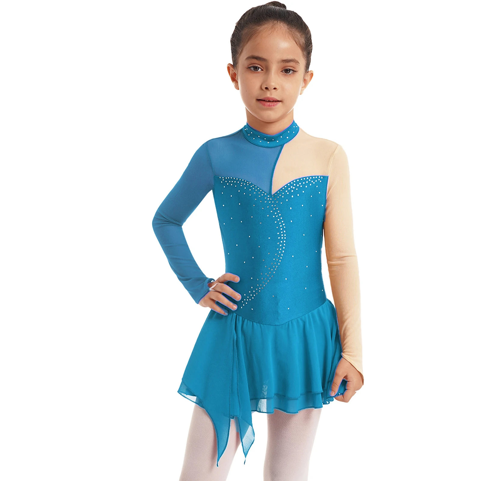 # 6-16 bambini ragazze manica lunga balletto pattinaggio ginnastica dancewear pratica performance patchwork stile strass vestito da ballo