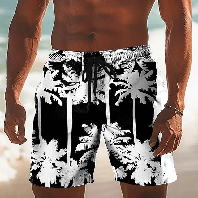 

Men's Tropical Palm Tree & Wave Print Beach Shorts Teal Ocean Graphic Quick Dry Swim Trunks For Summer Vacation Surf Shorts