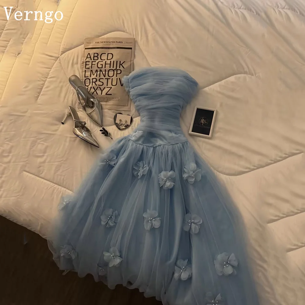 

Verngo Slate Blue Tulle Flowers Evening Dress Strapless A Line Pleated Prom Gowns Women Graceful Party Dresses Customized