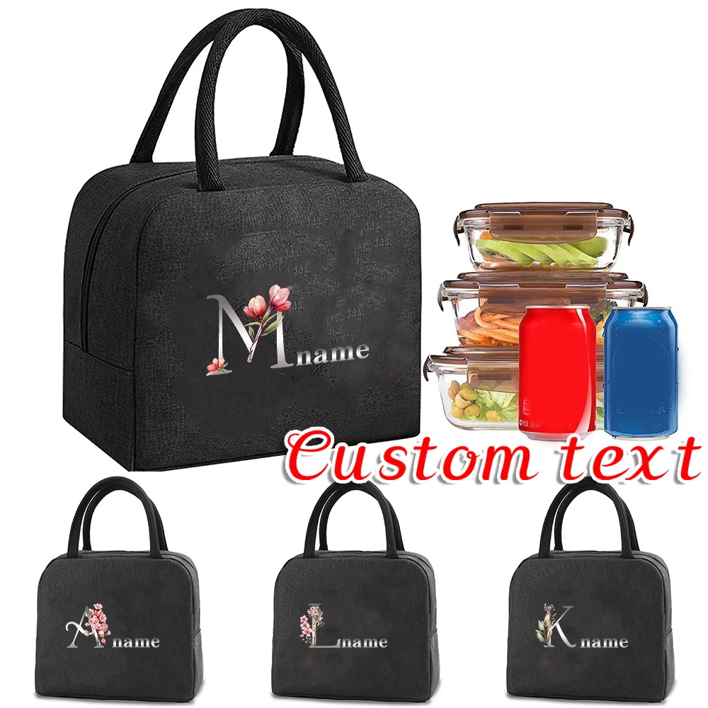 

Customizable with Any Name Insulated Black Canvas Lunch Bag Insulated Food Refrigerator Lunch Box Letter Pattern Series