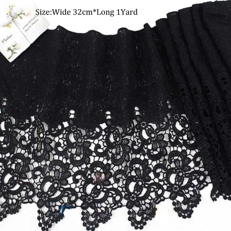 32CM Wide Popular black flowers cotton embroidery Lace Ribbon fabric collar sewing DIY Womens dresses Cloth wedding accessory