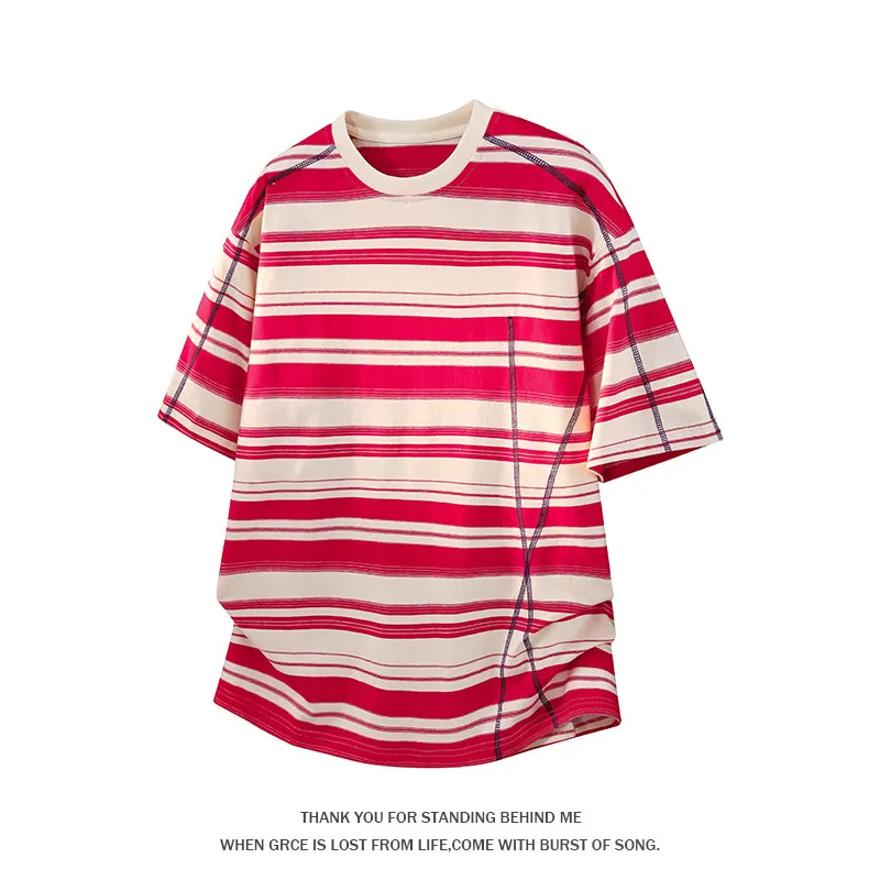 Men's Two Tone Horizontal Striped T Shirt with Contrasting Hassel Seam Detailing Casual Streetwear Style with A Retro Vibe