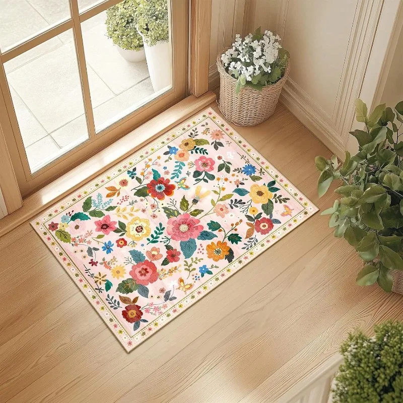 Colorful Flower Pattern Small Door Mat Carpet Rug Anti Slip Washable Home Decoration for Entrance Bathroom Kitchen Indoor