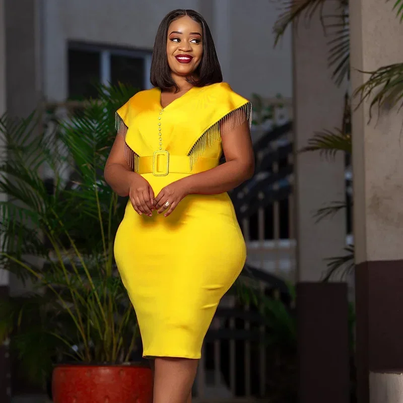 女性のためのエレガントなノースリーブVネックタイトドレス,アフリカの服,紫,白,黄色,ダシキ,秋