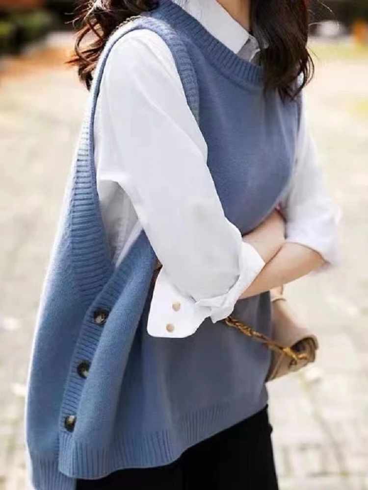 Knitted Vest Women's Fashion Design Autumn Top round Neck Color Casual Commute Style Female Knitwear