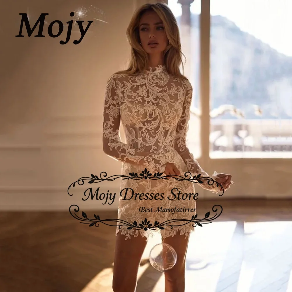 

Mojy 2026 Lace Wedding Dress Full Sleeves Applique High Neck Mini Bride Party Gown Above Knee Customized свадебное платье