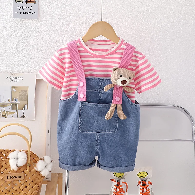 Cute Baby Girl Clothes 2025 New Summer Fashion Striped Short Sleeve Tops and Denim Overalls Shorts Two Piece Girls Outfits Sets