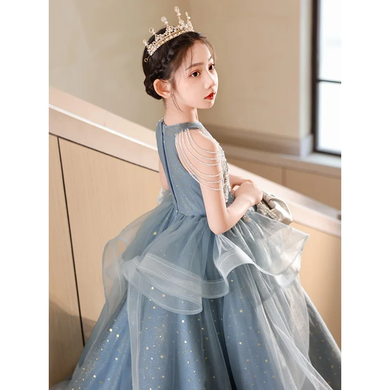 Luxurious blue Flower Sequin bead halter Sleeveless girl Dresses kids dance party dress For Weding Birthday Banquet Long Gown