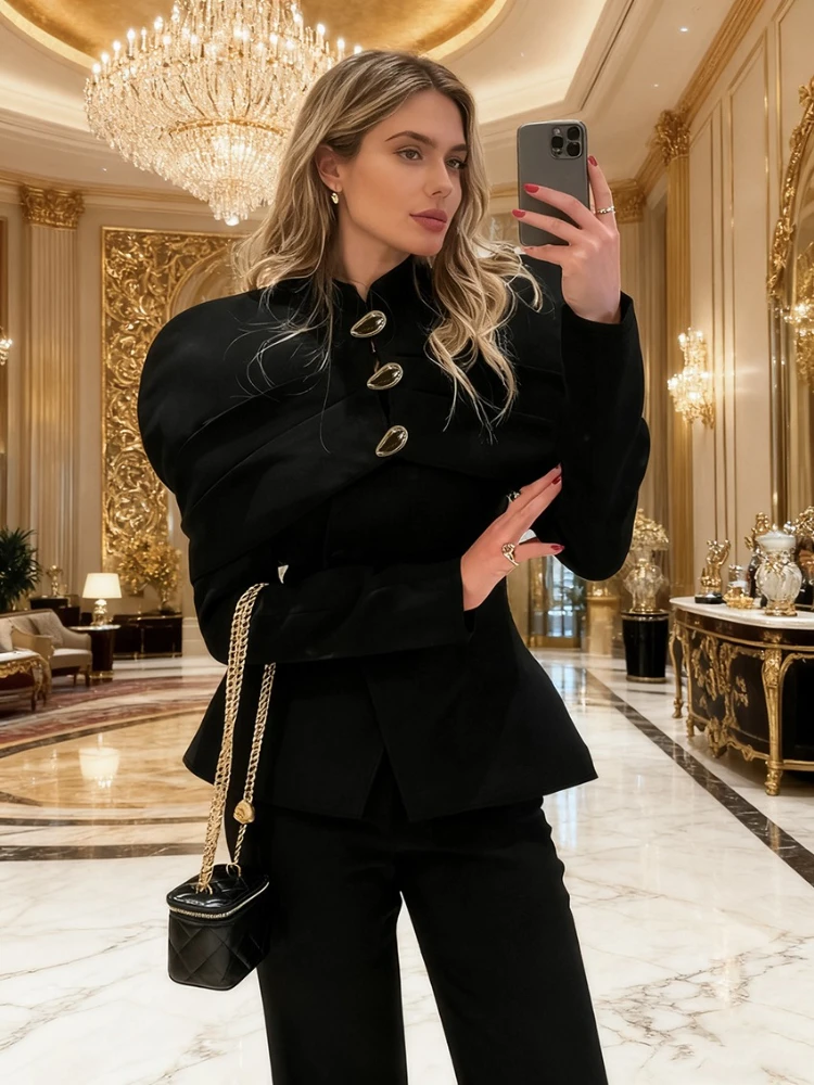 

FDYOUI Elegant Black Suit Women Stand Collar Long Sleeve Slim Tunics Blazer Outerwear 2025 Autumn Winter Office Lady Chic Jacket