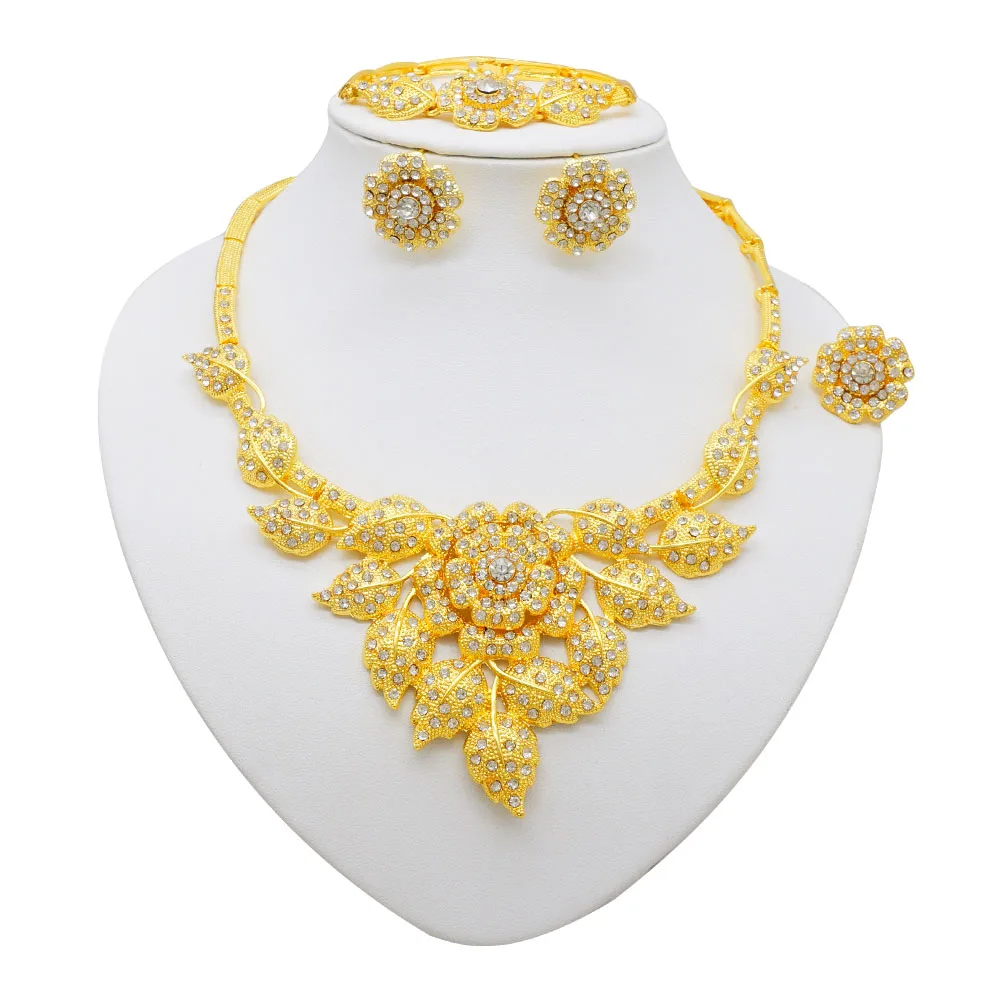 

Gold plated rose flower jewelry sets african women crystal necklace sets wedding accessory
