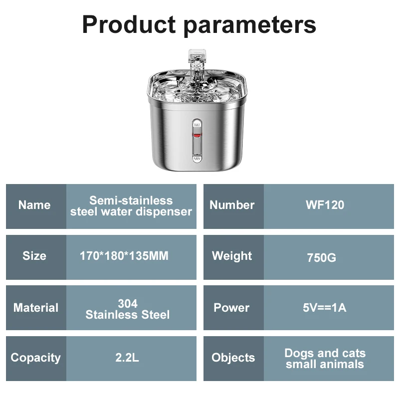 Cat Water Fountain 2.2L/74oz Automatic Stainless Steel Pet Fountain Dog Water Dispenser